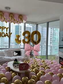 67件組粉色與金色生日派對裝飾套組，金色生日快樂橫幅，粉色蝴蝶結鋁箔氣球，適用於生日派對用品、驚喜派對、公主生日派對、房間裝飾、週年慶祝鋁箔氣球裝飾 - 金色數字生日 - 查看 6