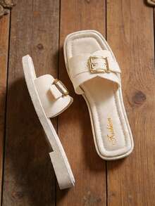 女士优雅方头H型平底拖鞋，柔软人造革露趾拖鞋，时尚轻便压纹拖鞋，适合海滩、度假和日常休闲穿着 - 白色 - 查看 4