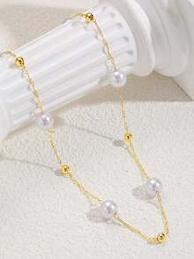 1 chiếc vòng cổ choker thiết kế ngọc trai thanh lịch, vòng cổ trang trí ngọc trai vàng tối giản thời trang, quà tặng trang sức cho phụ nữ, phù hợp để đeo hàng ngày và dự tiệc, có thể điều chỉnh độ dài, làm thủ công. - Vàng - Xem 3