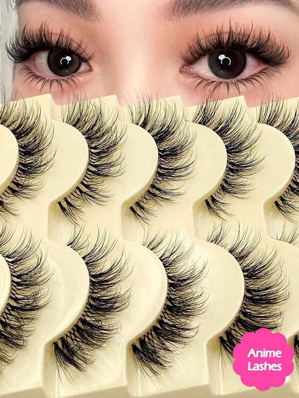 Asiteo 5 pares de pestañas postizas de estilo de dibujos animados, de banda transparente, de imitación de visón, de ojos de gato, que crean un maquillaje diario natural. Reutilizables, cómodas, adecuadas para principiantes. Pestañas postizas adecuadas para maquillaje diario, trabajo, viajes y festivales musicales de mujeres.