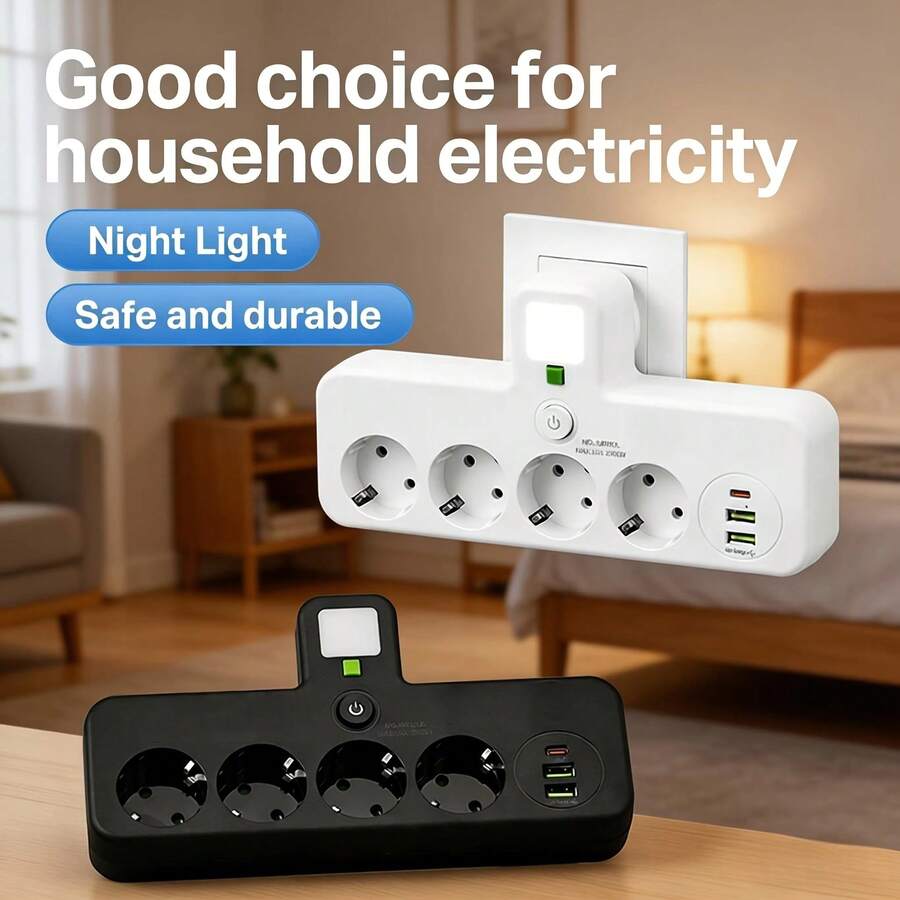Regleta de enchufes con 4 tomas, 2 puertos USB y 1 puerto Type-C, sin cable de extensión, potencia máxima de 2500W, con enchufe europeo - Ver 1