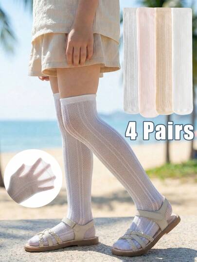 4 Pairs Girls' Summer Mesh Knee-High Socks, Suitable For Vacation And Daily Wear - Heel Mesh Stockings: Soft, Stretchy, And Mosquito - Resistant