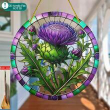 2D Flat, 1pc Acrylic Thistle Sunlight Catcher, Round Scottish Floral Wreath Wall Decor, Garden Gate Decoration, Farmhouse Thistle Sign, Floral Sunlight Catcher - C - View 4