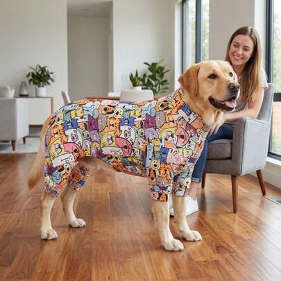 بيجامات للتحكم في تساقط شعر الكلاب في الصيف - جمبسوت كاملة للحيوانات الأليفة مصنوعة من قماش مرن وقابل للتنفس، مضادة للحشرات ومنع اللعق، مناسبة للكلاب المتوسطة والكبيرة، بطباعة أنماط كرتونية ملونة للكلاب