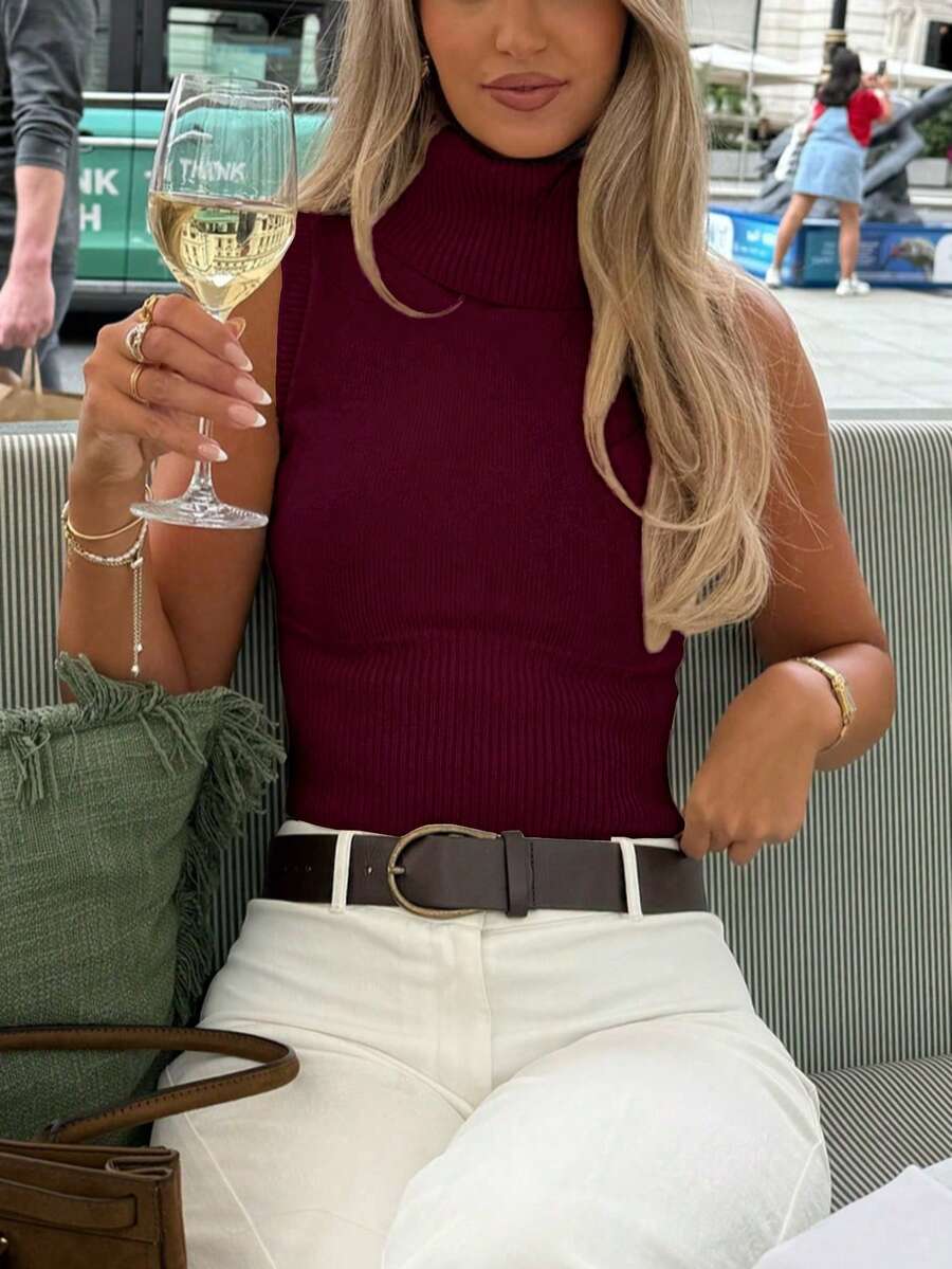 Fashionable Solid Color Turtleneck Sleeveless Knit Top Summer - Burgundy - View 1