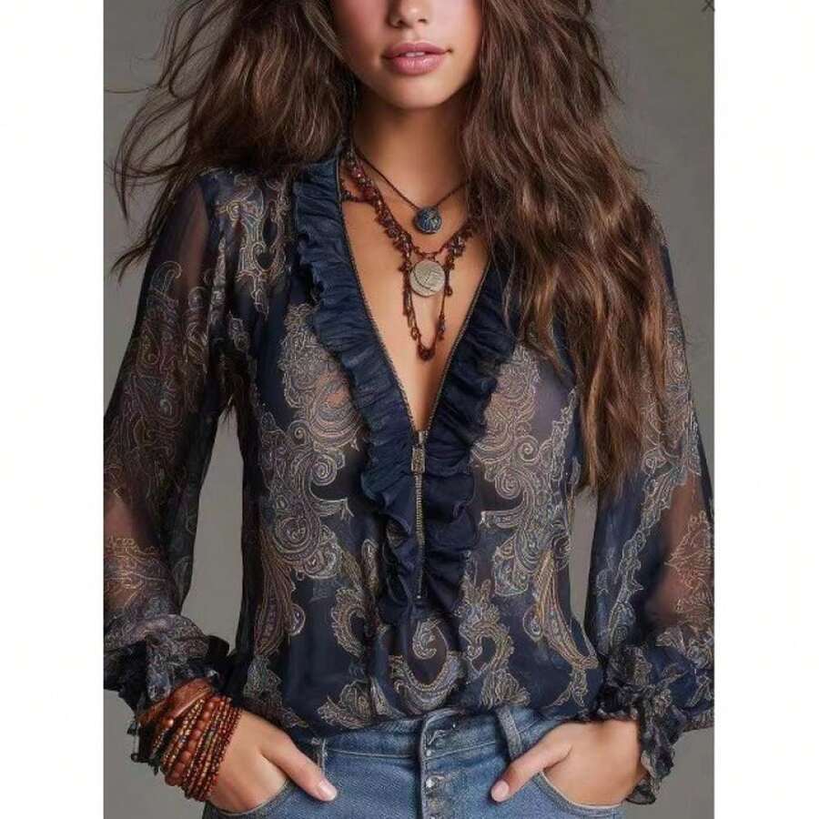 European, American, Romantic Deep V-Neck Paisley Frilly Chiffon Shirt Top,Conjunto De Dos Piezas Mujer Elegante - 藏青色 - 查看 1