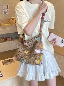 Dedoo Bohemian Style Women's Handbag, Large Capacity Open-Top Tote, Beach Bag, Travel Accessory, Woven Texture, Suitable For Work, School, Beach, Crochet, Holiday (Butterfly Color/Position Random) (Strap Color/Pattern Random) - Khaki - View 4