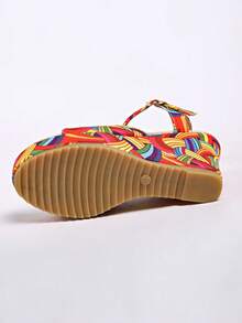 Women's Blue Summer Vacation Style Straw Woven Platform Wedge Sandals, Ladies' Fashion New Vintage Buckle Design High Heel Shoes, Thick Bottom Espadrille Platforms, Bohemian Beach Shoes For Summer - Multicolor - View 7