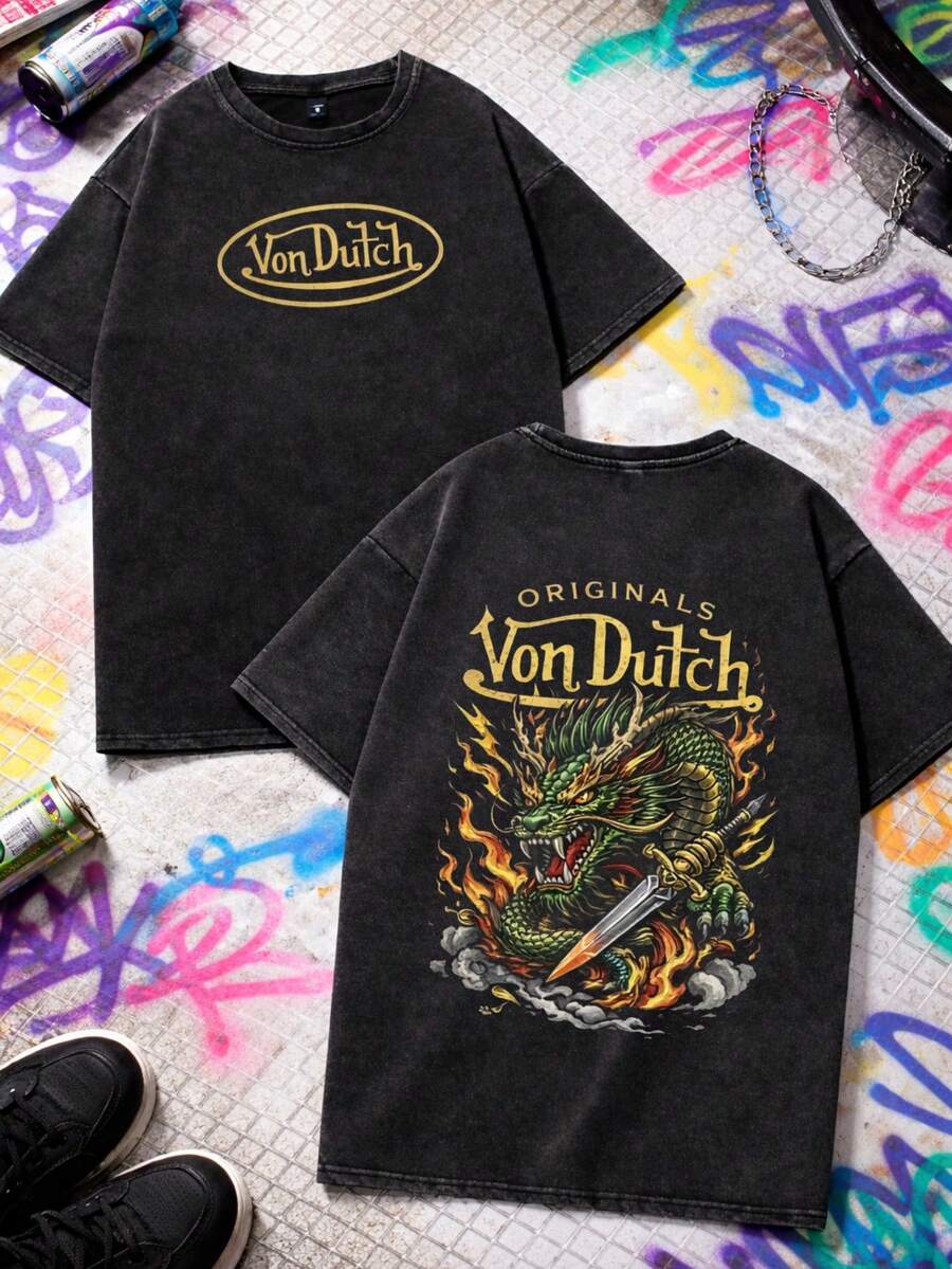 Men Black Washed Vons Dutchs Streetwear Style 100 Percent Cotton T Shirt Dragon And Knife Graphic And Text Casual Wear Front And Back Print Vintage Heavyweight Tee Perfect Gift Loose Comfortable Breathable Machine Washable Fabric Hip Hop Cool Drippy Clothes Y2K - 黑色 - 查看 1
