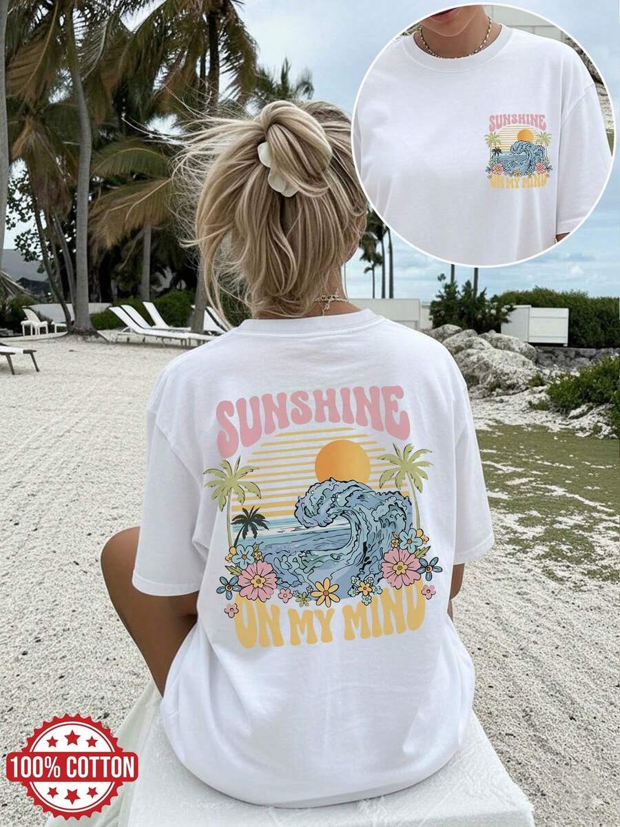 Women's Spring/Summer Plus-Size Crew Neck Pure Cotton Short-Sleeve T-Shirt - Relaxed Fit, Sizes M–5XL.- (Retro Waves And Palm Tree Pattern), Printed With The Lettering "SUNSHINE ON MY MIND"-Ideal For Daily Wear, Holiday Gifting, And Social Gatherings. - 白色 - 查看 1