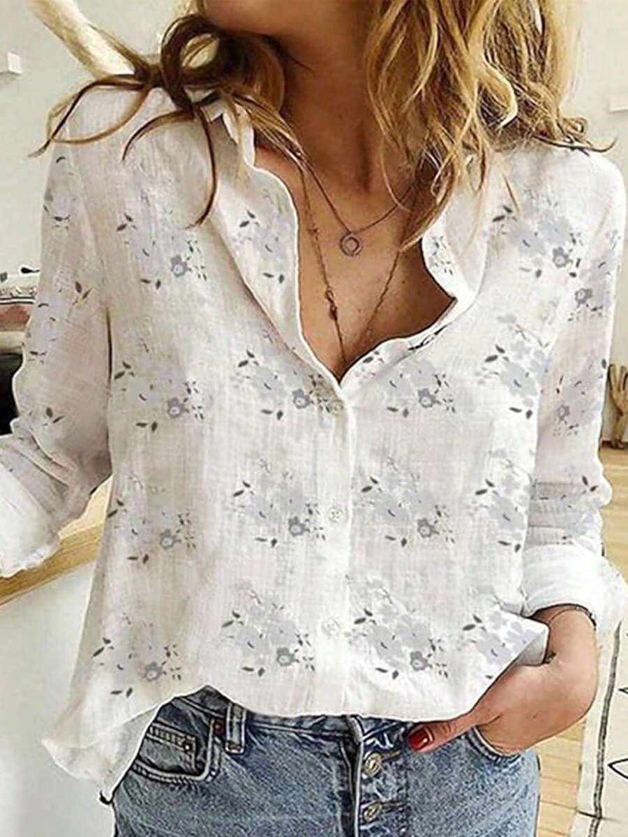 Women's Elegant Floral Print Lapel Button-Up Shirt, Casual Chic Blouse, Fashionable Women's Long Sleeve Shirt For Spring & Autumn Vacation White - White - View 1