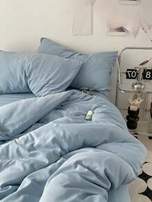 3pcs Solid Color Soft Polyester Fiber Duvet Cover Set - Baby Blue - View 7