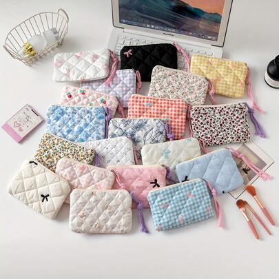 New Autumn/Winter Floral Embroidered Cosmetic Bag, Bow Tie Lipstick Organizer, Ladies Makeup Pouch, Multiple Color Options - Ideal Gift For Holidays Like Christmas, Halloween, Thanksgiving, For Friends And Family