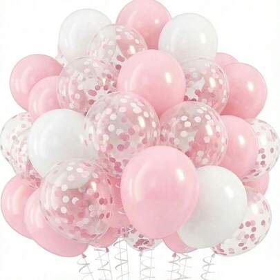 Pink Balloons - 50 Pcs Set Of 30 Pink Balloons, 10 White Balloons, 10 Pink And White Confetti Balloons, 1 Ribbon For Bridal Shower, Baby Shower, Birthday Party, Wedding Decorations