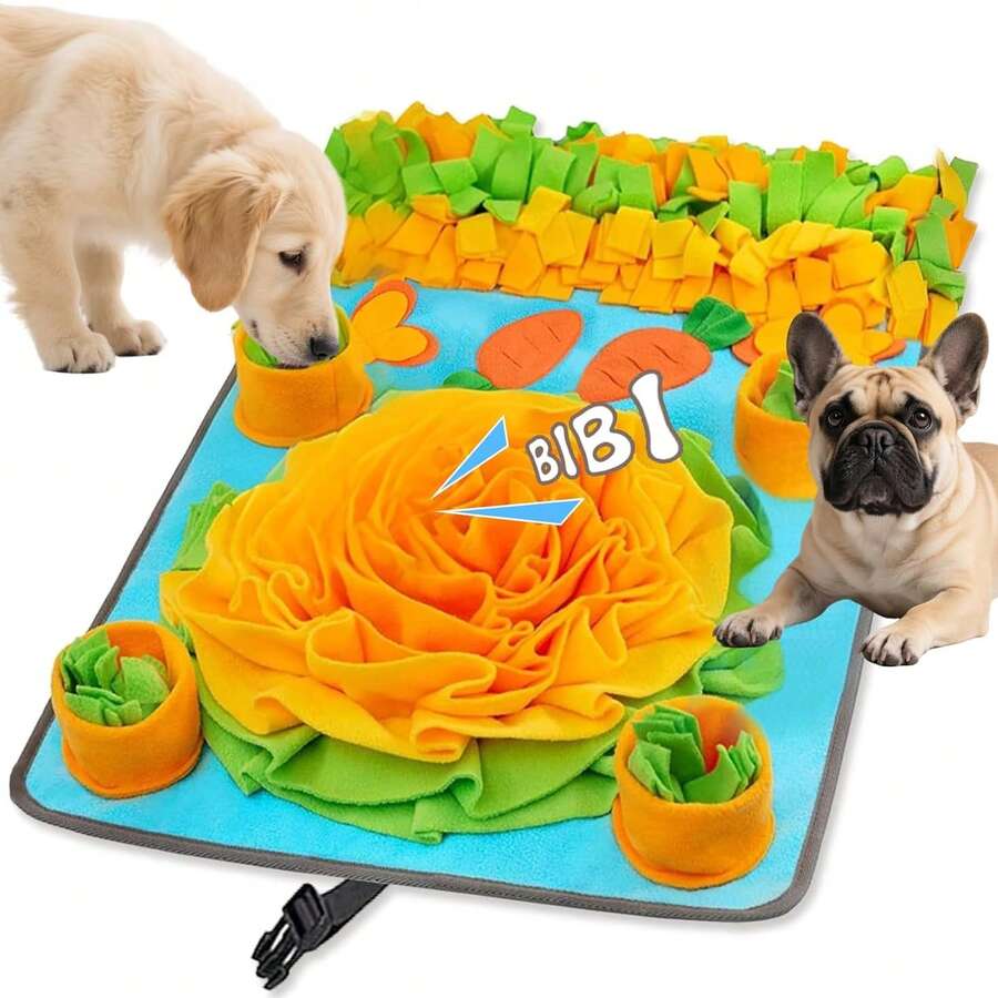Interaktive Hunde Schnüffelmatte - Strapazierfähige Polyesterfaser Futtermatte mit duftenden Lebensmitteln und versteckten Leckerchen - Puzzle-Spielzeug für Geruchstraining und langsames Füttern, geeignet für alle Hunderassen - Babyblau - Übersicht 1
