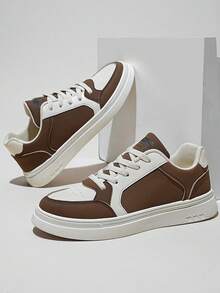 Men's Fashion Sneakers, Brown White Chunky Platform Lace-Up Shoes, Skate Style Casual Shoes - Cool Gift For Him, Skateboarding Inspired Design - 米色 - 查看 5