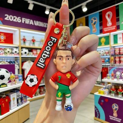 FIFA FIFA 2026 FI FA World Cup Portugal No.7 Star Player Silicone Keychain, 3D Cartoon Figure Design With Red Football Wrist Strap, Portable Bag Accessory, Fan Souvenir Gift For Men & Women, Ideal For Backpacks, Keys, And Match Day Daily Looks, Perfect For Football Enthusiasts And World Cup Collectors