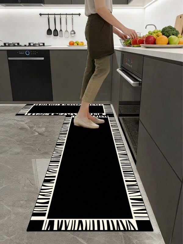1pc Silica Gel Kitchen Mat, With A Solid Black Center Area Surrounded By An Asymmetrical White And Black Striped Border, Creating A Minimalist Yet Natural Textured Style With Strong Visual Contrast. Suitable For Kitchen, Bathroom, Entryway, Laundry Room, Bedroom, Living Room And Other Decor Areas.