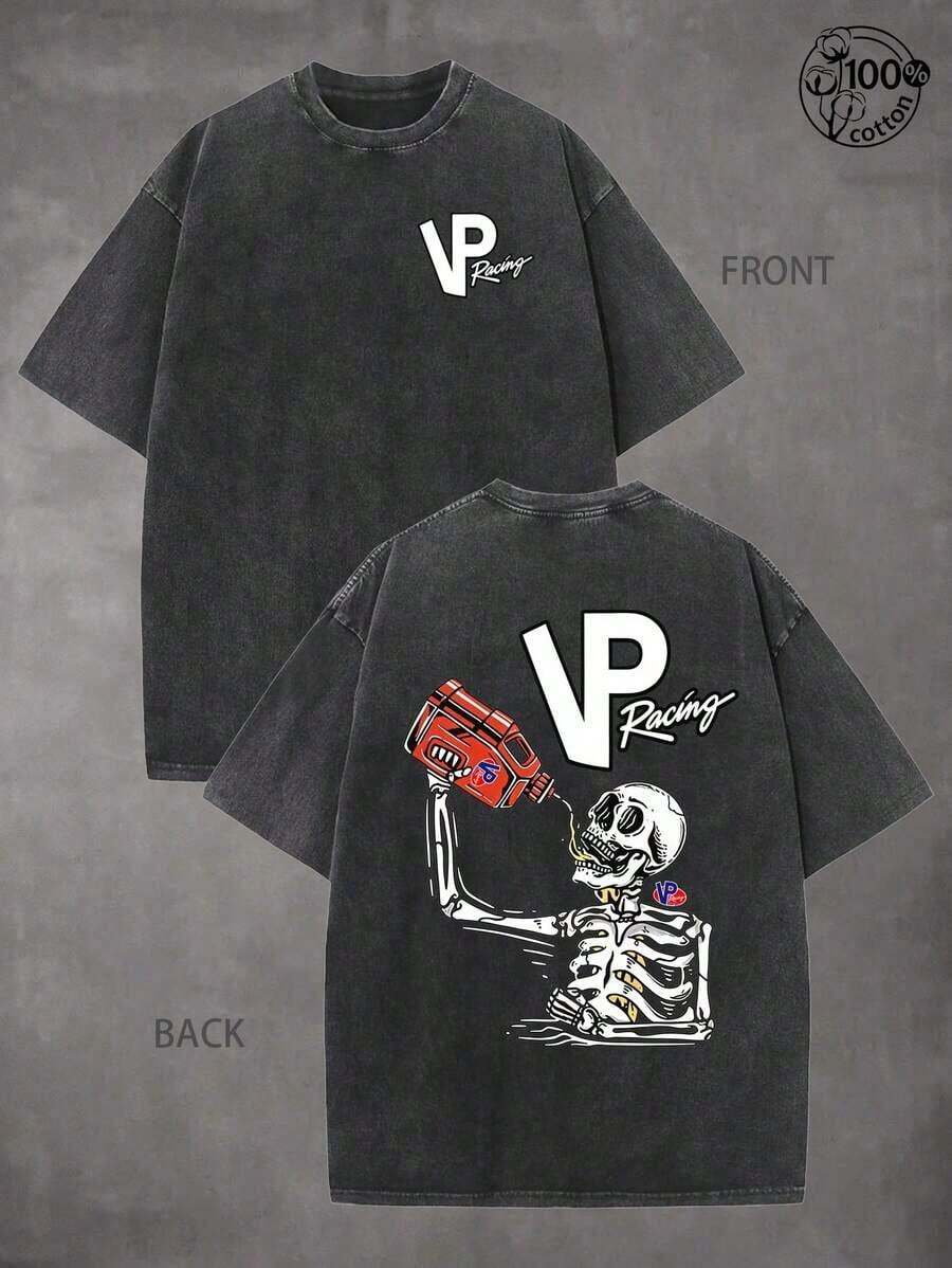 Camisetas VP Racing Skeleton, Camisetas con Diseños Gráficos Atractivos, Ropa para la Vida del Drifting y las Carreras, Especialmente Diseñada para Amantes de los Coches; Camiseta de Algodón Lavado de 230G con Estampado a Doble Cara, Ropa para Hombre, Cómoda y Elegante, Regalos para Hombres, Camiseta Gráfica, Ropa Urbana, Deportes al Aire Libre - Negro - Ver 1