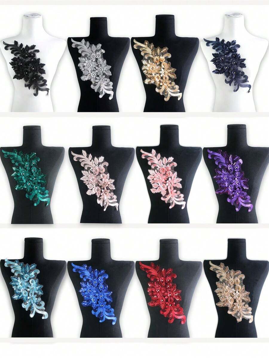 15pcs/Pack Assorted Color Mesh Lace Embroidered Crystal Beaded Handmade Applique, DIY Clothing Accessory, Bridal Dress Decor, Length: 40cm, Width: 17cm - A - View 1