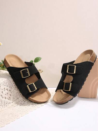 Women's Bow Metal Decor Straw Flat Sandals, Comfortable Minimalist Style For Vacation, Beach, Home, Daily Wear In Summer, Black Woven Open Toe Slide Sandals With Double Straps