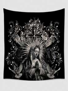 Goth 1pc Dark Holy Lady White Dove & Cross Printed Polyester Tapestry, Suitable For Daily Living Room Bedroom Wall Decoration, Camping Decoration, All Seasons - 1PC - View 2