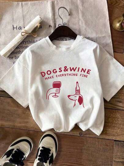 大码女式夏季字母小狗印花休闲简约宽松舒适时尚日常宽松圆领短袖大码T恤上衣