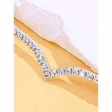 1pc Silver Minimalist V-Shape Necklace With White Rhinestones, Versatile Elegant Diamond Choker Necklace For Women - 銀色 - 查看 3