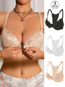 3pcs Lace Camisole Bra Set For Women, With Front Closure And Lift Design, Suitable For Daily Wear - Multicolor - View 2