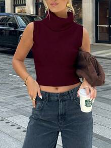 Fashionable Solid Color Turtleneck Sleeveless Knit Top Summer - Burgundy - View 5