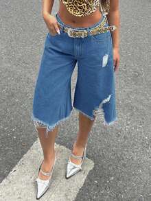 Women's Distressed Asymmetrical Hem Denim Capri Shorts Casual Summer - Medium Wash - View 5