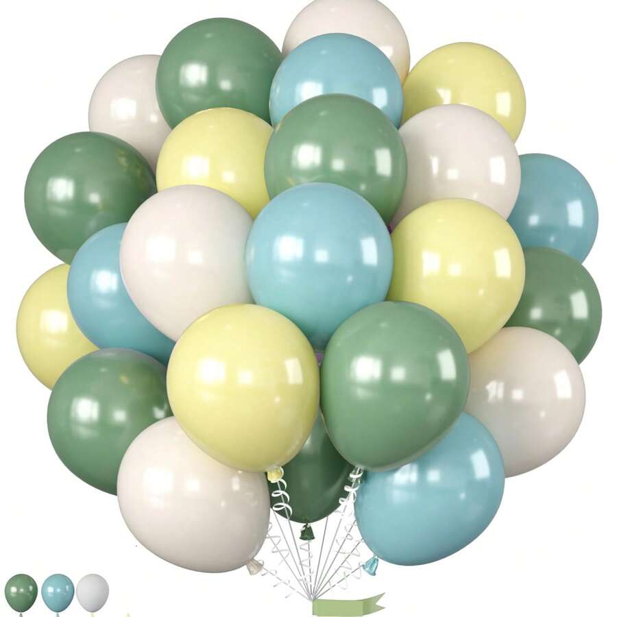 10英寸鼠尾草绿、蓝色、黄色气球，灰色、蓝色、橄榄绿、浅黄色、象牙色乳胶气球，带丝带，适用于婚礼、生日、周年纪念、毕业典礼、母亲节 - 多用途室内/室外装饰，生日气球 - A-1 - 查看 1