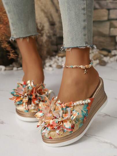 1 đôi sandal nữ thanh lịch thắt nơ, đế xuồng đính ngọc trai thời trang, thích hợp cho bãi biển, kỳ nghỉ, đám cưới, hoạt động ngoài trời, trong nhà, mùa xuân/hè.