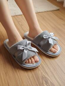 Pantuflas de mujer con lazo de peluche, pantuflas de casa cómodas de dedo abierto de unicolor y esponjosas para el dormitorio - Gris - Ver 7