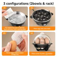 Electric Egg Cooker For Seven Eggs With A Musical Alert, Safety Features Against Overheating, And Rapid Cooking Options For Hard, Soft, And Medium Eggs. It Also Comes With A Poacher That Is Easy To Clean And A Compact Food Steamer - 黑色 - 查看 10