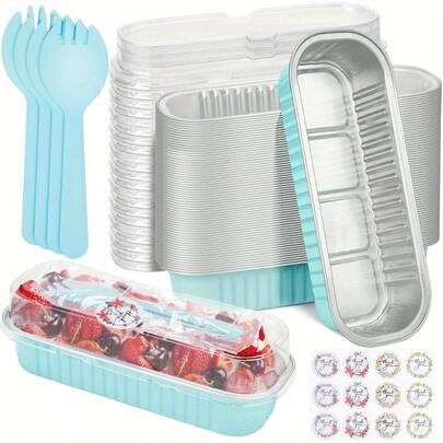 50Pcs Mini Cake Pans Disposable Mini Loaf Pans With Lids And Spoons And Stickers, 6.8Oz Aluminum Foil Pans Tins, Individual Dessert Cups Containers For , Party, Picnics Sky Blue
