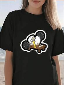 1pc blusas de mujer blusas bonitas para mujeres blusas elegantes para mujer ropa de mujer conjuntos para mujer Camiseta de algodón en blanco y negro de 180 g con dise?o de huevo haciendo pesas estampado de alta calidad en algodón cuello redondo corte básico holgado para hombre y mujer transpirable versátil lavable a máquina cómoda talla S ~ 3XL diaria casual deportiva imprescindible para el verano - Negro - Ver 2