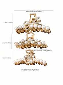 1/3pcs Luxury Pearl & Rhinestone Hair Claw, Elegant Hair Claw, Ideal For Updo & Half-Up Hairstyles - Gold - View 2