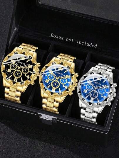 3件套男士石英表组合套装，商务休闲经典三眼简约刻度大表盘，适合日常佩戴装饰或作为节日礼物送给朋友和父亲。