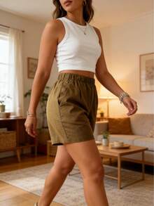 Pantalones cortos de mujer de talla grande, de unicolor, ligeros y cómodos, con cintura elástica y bolsillos, para primavera/verano - Caqui - Ver 4