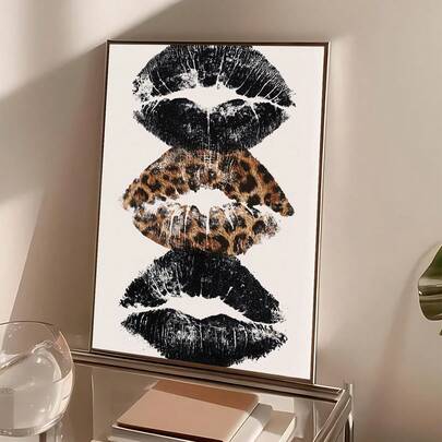 1pc Vintage Kissing Lips Art Decor, Leopard Print Fashionable Art Print Y2K Room Decor, Retro Wall Art, Ideal Gift For Friends, Bedroom Art Print, Living Room Decor, Office Decor, Kitchen Decor, Bathroom Decor, Wall Art, Wall Decoration, Home Decor, Room Decor, Canvas Wall Art, Poster, Framed Wall Art, Frame Optional