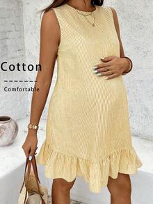 Maternity Casual Striped Ruffle Hem Sleeveless Dress, Cotton Dress For Summer 100 Cotton Dresses Women Short Dresses Summer Work Summer Dresses Cotton Summer Dress Maternity Summer Dress Summer Maternity Dress Maternity Sundress Cotton Summer Dresses Summer Casual Dress Striped Maternity Dress - 黃色 - 查看 9