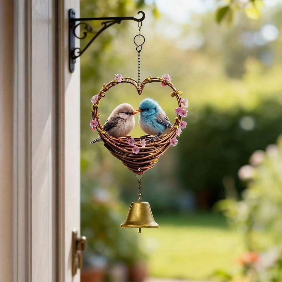1 buc clopoțel de vânt în formă de inimă pentru pasăre cu clopoțel - clopoțel de vânt metalic pentru decor exterior/suspendat, ornament de grădină cu tematică de păsări cu clopoțel, decorațiune de verandă și terasă din fier - Multicolor - Vizualizare 1