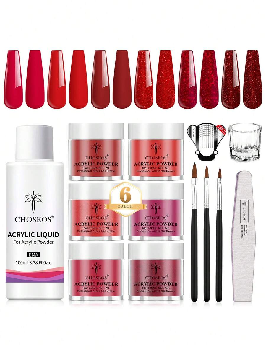 6 Colors Acrylic Powder Set, 0.35oz Each Powder, 3.38oz Liquid, Includes Brush, Nail File, Nail Tip, Mixing Palette, No UV Lamp Needed, Suitable For Beginners And Professionals