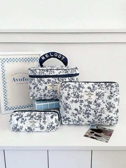 حقيبة مكياج مبطنة ناعمة بطبعة زهرية، بطراز صيني، بسحاب إغلاق، سعة كبيرة، مناسبة للاستخدام اليومي أو السفر، حقيبة أدوات تجميل محمولة، إكسسوار موضة يومي للنساء