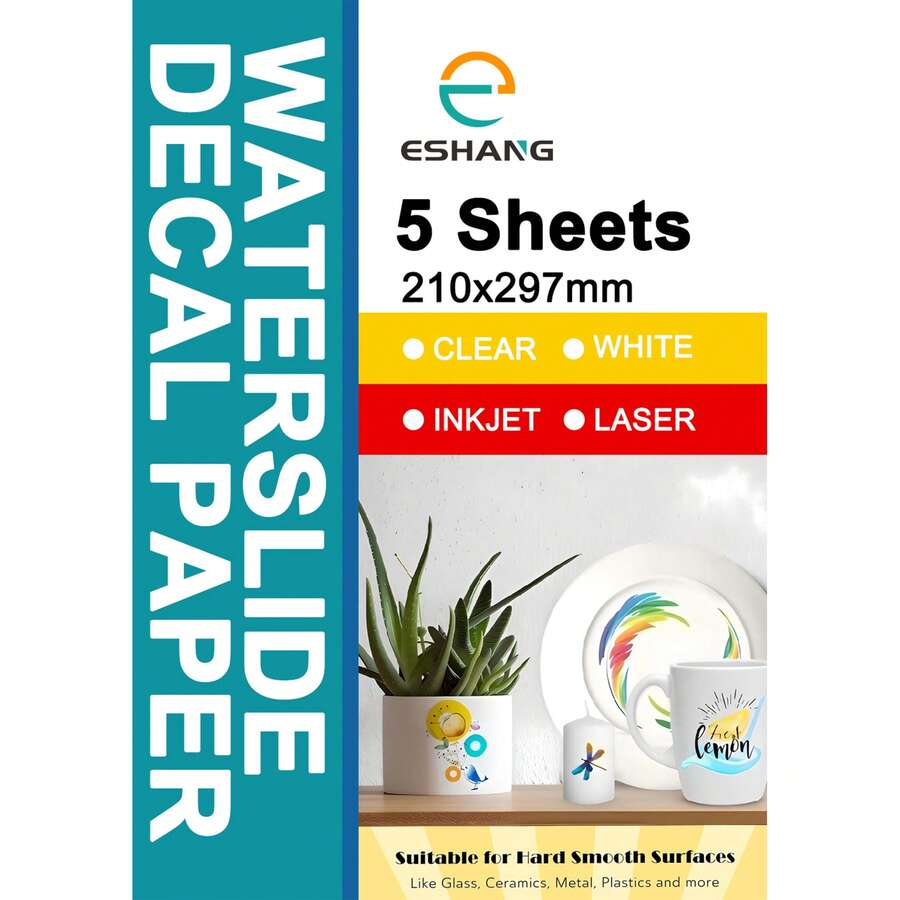 WHITE/CLEAR Printable Waterslide Decal Paper For LASER/INKJET Printers -A4 Size 8.3"*11.7", 5 Sheets -For DIY Tumbler, Mug, Nail Crafts - A4 - View 1
