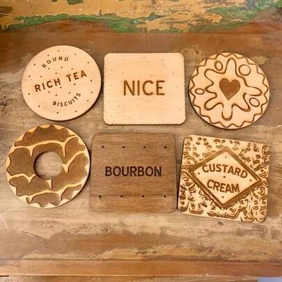 Set Of 6 Classic Wooden Coasters | Bourbon Whiskey, Custard Cream, English Breakfast Tea, Jam Biscuit Decorated Coasters - Handmade Wooden Home Decor - Housewarming Gift - Decorative Plaques And Ornaments