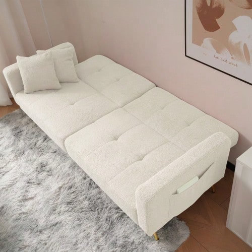 Sofa Bed With Adjustable Angle, Gold Bed Legs With Cushions And Side Storage Pockets - White - View 1