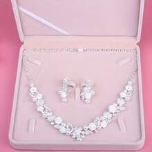 Bridal Flower Crown Necklace And Earrings Set, High-End Wedding Pearls Crown Necklace And Earrings 3 Pieces Set, Suitable For Evening Party, Birthday, Wedding - Silver - View 6