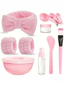11件套面膜美容工具套装，包括蝴蝶结发带、腕带、面膜碗（女士适用） - 彩色 - 查看 5